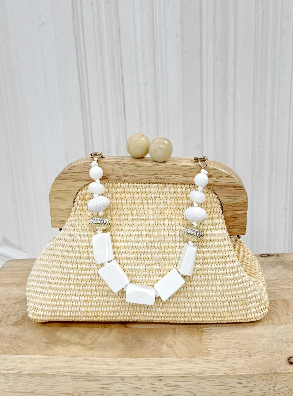Bolso rafia borde madera