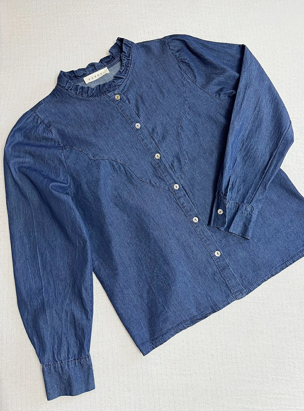 Camisa ml denim cuello fruncido