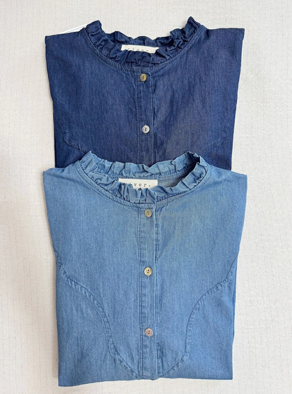 Camisa ml denim cuello fruncido Camisa ml denim cuello fruncido