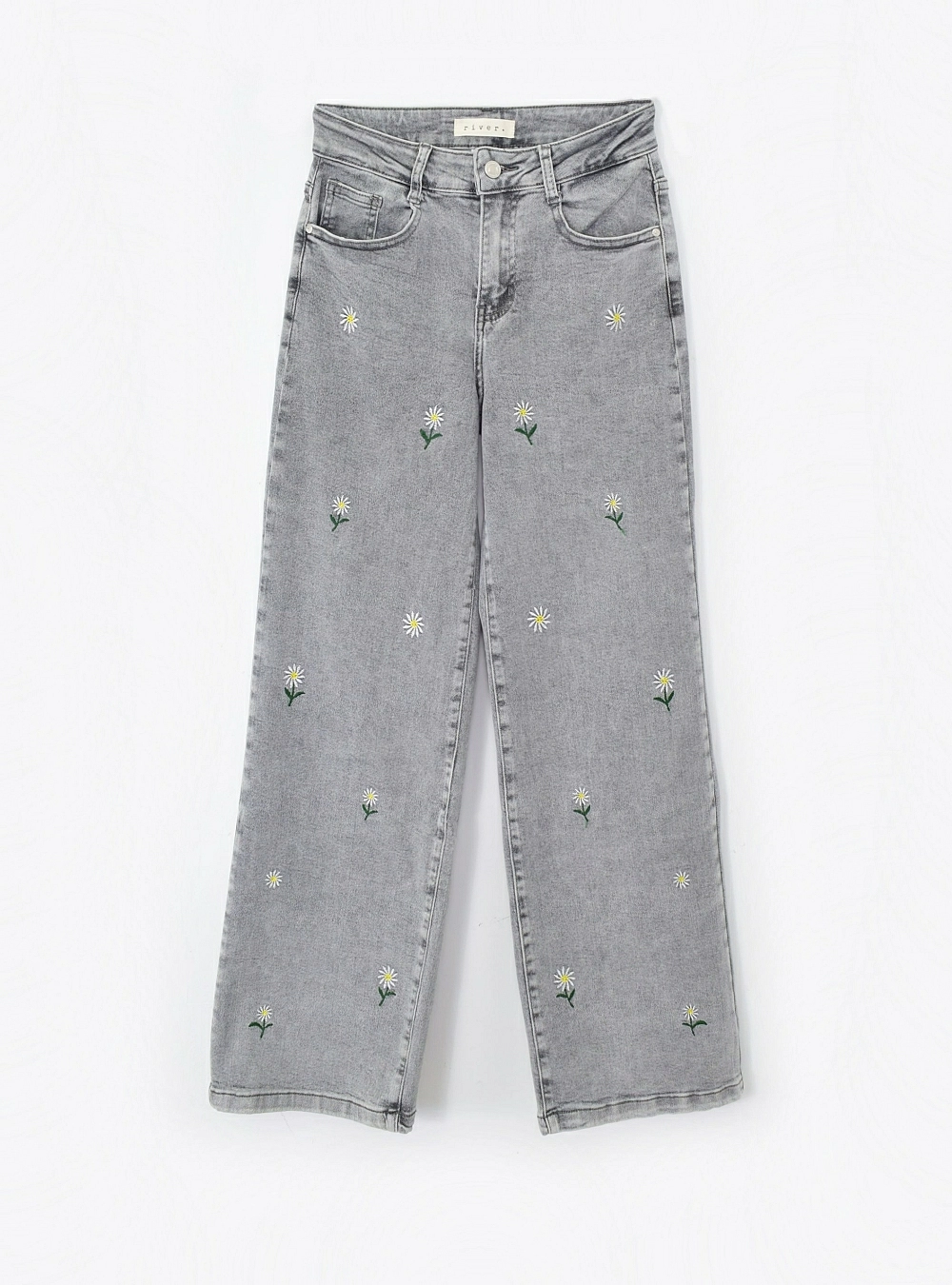 Jeans straight flores bordadas