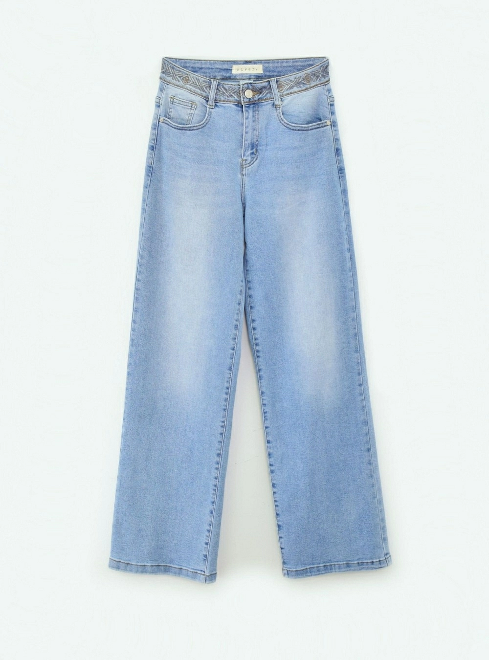 Jeans wide leg cintura bordada
